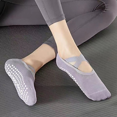 Tất - Vớ Tập Yoga , barre , pilates gắn hạt silicon Massage chống trơn trượt quai chéo kín ngón ( 1 đôi )