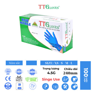 Găng Tay Cao Su Y Tế Size S Không Bột Nitrile TTGLOVES Màu Xanh (100 Chiếc) 