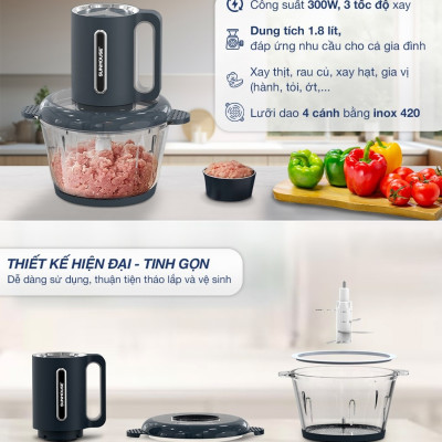 Máy xay thịt Sunhouse SHD5403 - Công suất 300W - Cối Thủy Tinh Dung tích 1.8L - 3 Tốc Độ - Lưỡi dao 4 cánh siêu khỏe - Hàng Chính Hãng