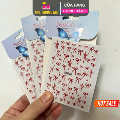 Sticker 5D Dán Móng Hình Nơ Đỏ RM Keo Tự Dính, Hình Dán Móng Nơ Lụa Nơ Đen Trắng Mix Nổi R7M Dạng Nổi Làm Nail Cao Cấp Nữ Women
