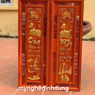 Cặp  câu đối cha mẹ  bằng gỗ hương pu dát vàng cao cấp 37x117x3cm