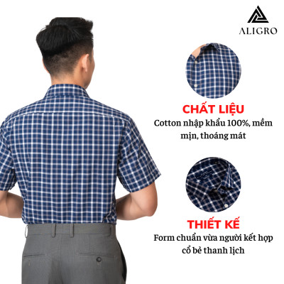 Áo Sơ Mi Nam Cộc Tay Kẻ Caro Màu Xanh Trắng Aligro Algs-c109
