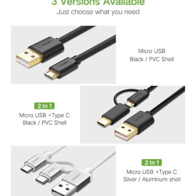 Ugreen UG30174US142TK 1M màu đen Dây USB 2.0 sang Type-C và micro - HÀNG CHÍNH HÃNG