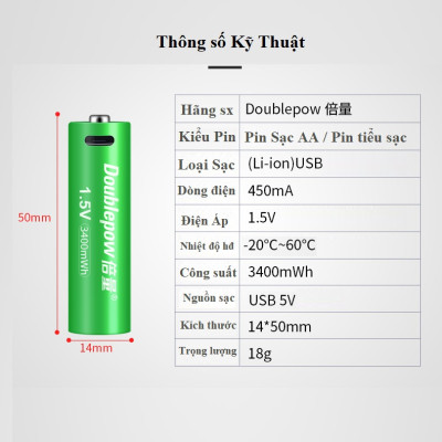 Pin Sạc 1.5V 3400mWh Chính Hãng Doublepow có cổng sạc USB ( Giá 1 Viên )
