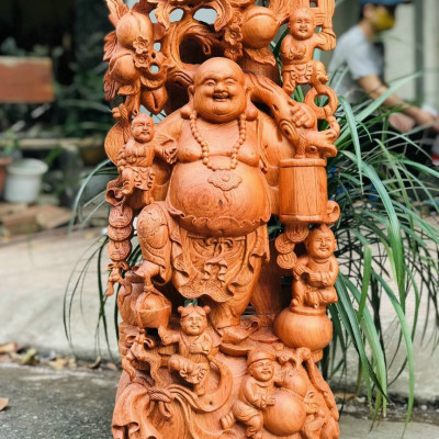 Tượng phật di lặc ngũ phúc gánh cành đào bằng gỗ hương đá kt cao 80cm 