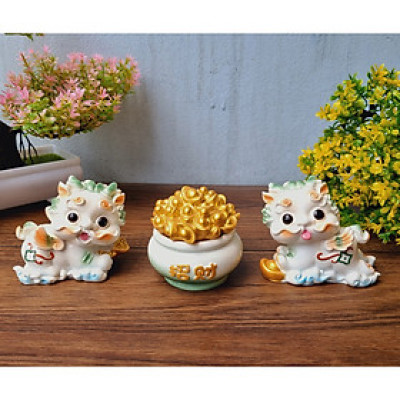 (Nhiều mẫu) Bộ tượng Kỳ Lân màu trắng - tặng kèm 50 xu vàng may mắn
