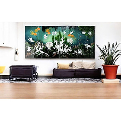 Bộ Tranh sơn mài 4 tấm - QUẦN NGƯ HỘI TỤ size 80x160 cm hàng cao cấp dày dặn xuất khẩu