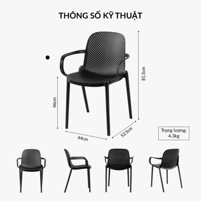 GHẾ NHỰA ĐÚC XẾP CHỒNG CÓ TAY VỊN