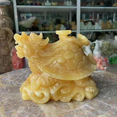 Tượng Long Quy ( Rùa đầu Rồng ) cõng gậy như ý phong thủy đá ngọc hoàng long - Dài 15 cm