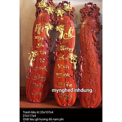 Tranh câu đối cha mẹ hình quả bầu bằng gỗ hương đỏ kt 25×107×4cm 