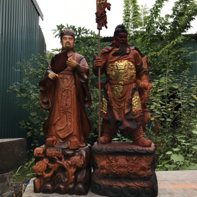 Cặp tượng quan văn ,quan võ song toàn ,khổng minh gia cát lượng ,và quan công bằng gỗ hương đá tô làm mầu giả cổ kt cao 60cm