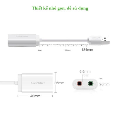 Ugreen UG30143US205TK 15CM màu Trắng Bộ chuyển USB 2.0 sang Loa + MIC chuẩn 3.5mm - HÀNG CHÍNH HÃNG