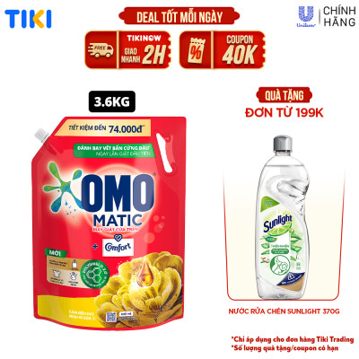 Túi Nước Giặt Omo Matic Comfort Cho Máy Giặt Cửa Trên Hương Tinh Dầu Thơm Xoáy Bay Vết Bẩn, Hương Thơm Bền Lâu 3.6Kg