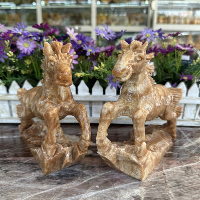 Cặp Ngựa phong thủy rước công danh tài lộc đá cẩm thạch vân gỗ - Dài 20 cm