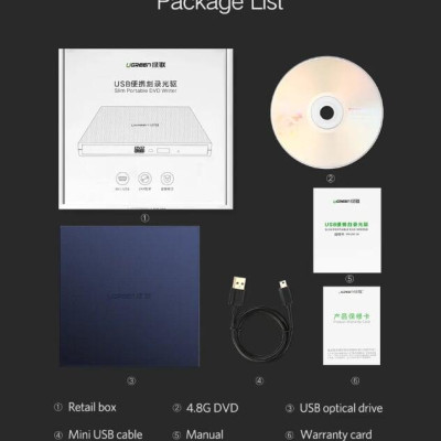 Ugreen UG40576CM138TK 50CM Ổ đĩa quang DVD RW gắn ngoài cổng USB 2.0 mỏng cao cấp - HÀNG CHÍNH HÃNG
