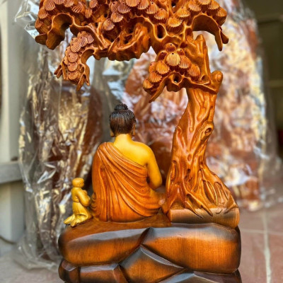 Tượng phật thich ca ngồi gốc cây bồ đề bằng gỗ hương đá pu giả cổ kt 50×26×12cm