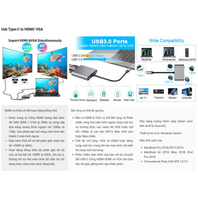 Cáp chuyển Đổi USB Type-c ra 4 cổng HDMI/ VGA/ USB và cổng sạc hỗ trợ chế độ Dex - UHV41160 Hàng Chính Hãng
