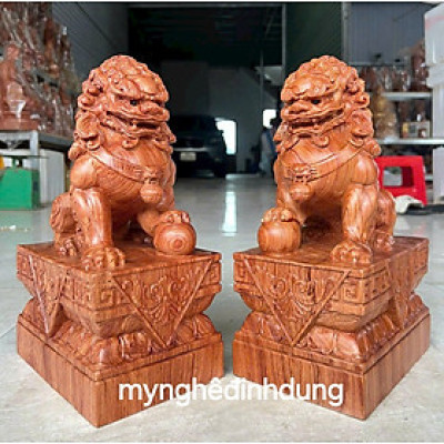 Cặp kỳ lân phong thủy cầu tài lộc bằng gỗ  hương đá  cao 30x19x13cm 