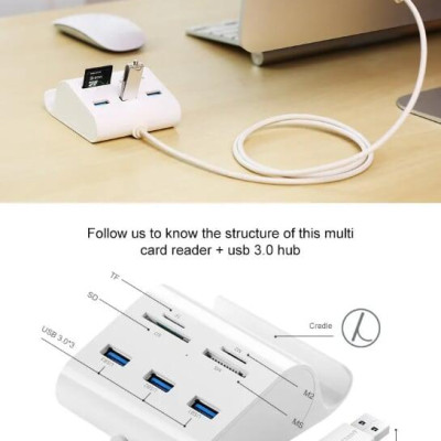 Ugreen UG30344US156TK 1M màu Trắng Bộ chia HUB USB 3.0 sang 3 USB 3.0 + đọc thẻ TF SD MS M2 có khay đỡ hỗ trợ nguồn 5V - HÀNG CHÍNH HÃNG