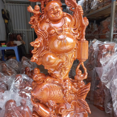 Tượng phật di lặc ngũ phúc bằng hương đá kt cao 60×24×14cm 