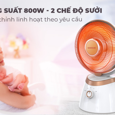 Quạt sưởi carbon Sunhouse SHD7008, Công suất 800W, Có 2 mức nhiệt, Quay 4 chiều tiện lợi, Tự ngắt khi quá nhiệt, nghiêng đổ, Hàng chính hãng - Bảo hành 12 tháng
