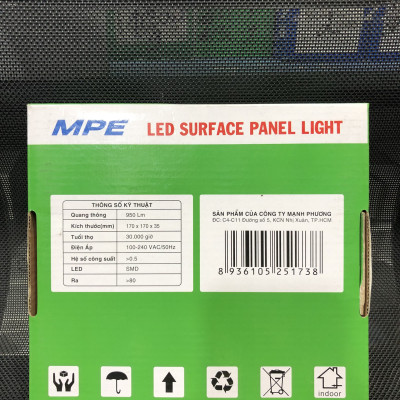 Đèn led panel ốp trần nổi vuông công suất 12W MPE (2 loại ánh sáng trắng và vàng)