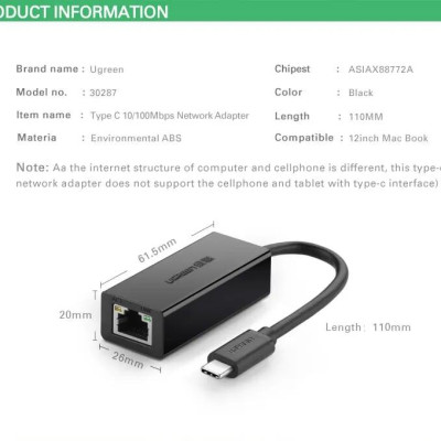Ugreen UG3028730287TK Màu Đen Cáp chuyển đổi TYPE C sang LAN - HÀNG CHÍNH HÃNG