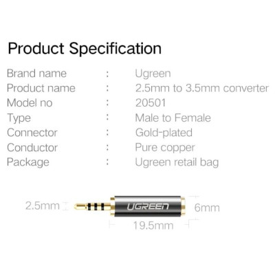 Ugreen UG2050120502TK Màu Đen Đầu chuyển âm thanh 2.5mm dương sang 3.5mm âm - HÀNG CHÍNH HÃNG