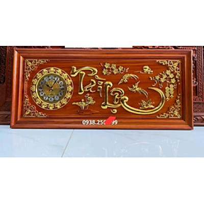 Tranh đồng hồ treo tường khắc chữ tài lộc bằng gỗ hương đỏ kt 48×108×4cm