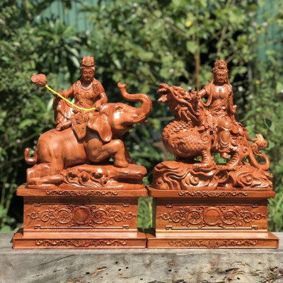 Tượng phật văn thù phổ hiền được làm bằng chất liệu gỗ hương kt 50×35×15cm