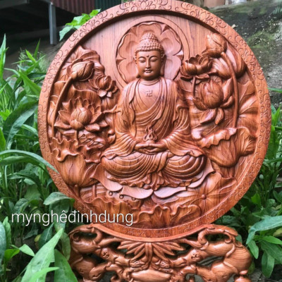 Đĩa khắc phật adi đà bằng gỗ hương đá kt mặt tròn 40cm 