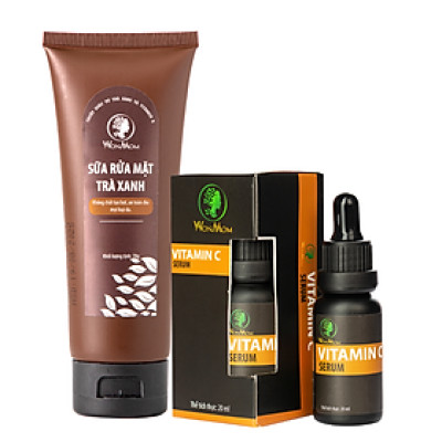 Bộ dưỡng da mặt organic, làm sạch da, ngăn ngừa mụn, trắng sáng da mặt Wonmom ( 1 sữa rửa mặt + 1 serum vitamin C )