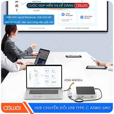Hub Chuyển Đổi USB Type C ASWEI 6 in 1 - HDMI, USB 3.0, SD, TF, PD 100W Tốc Độ Cao - Hàng Chính Hãng