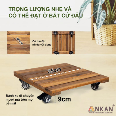 Đế Đôn Chậu Cây Có Bánh Xe Cao Cấp ANKAN Hình Vuông Màu Vàng 35x35 Cm Tải trọng 150 Kg Gỗ Tràm Bông