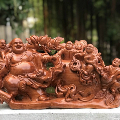 Tượng phật di lặc ngũ phúc kéo bao tiền bằng gỗ hương đá kt 40×22×11cm 