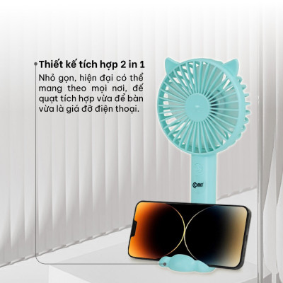 Quạt Sạc Cầm Tay COMET CRF1104 Công Suất 3W, Pin 1200mAh, Có Đế Rời, Kích Thước Nhỏ Gọn hàng chính hãng