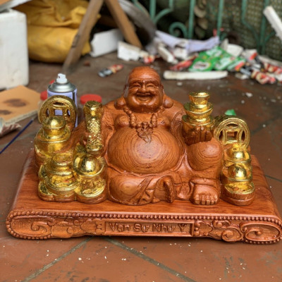 Tượng phật di lặc dâng tiền vàng ,bằng gỗ hương đá  kt 40×23×22cm