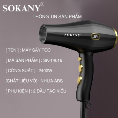 Máy sấy tóc ion âm SOKANY SK-14016 công suất lớn lên đến 2400W, khô nhanh tức thì, phù hợp với mọi loại tóc, bảo vệ tóc khỏi hư tổn -HÀNG CHÍNH HÃNG