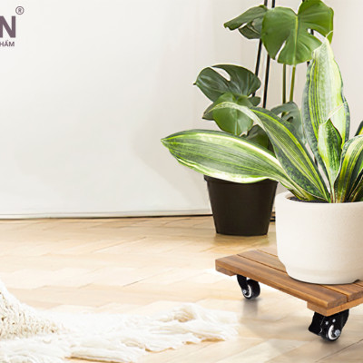 Đế Đôn Chậu Cây Có Bánh Xe Cao Cấp ANKAN Hình Vuông Màu Vàng 35x35 Cm Tải trọng 150 Kg Gỗ Tràm Bông