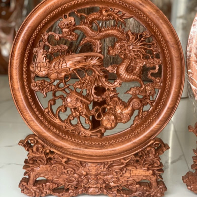 Đĩa tranh trí phong thủy trạm khắc long ly quy phượng bằng gỗ hương đá kt mặt rộng 35×4cm