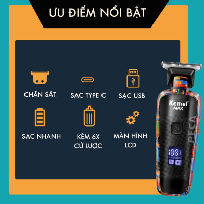 Tông đơ chấn viền cao cấp Kemei KM-MAX5090 phiên bản trend màn hình LCD hiển thị sạc nhanh USB có thể cắt tóc, cạo đầu, fade trắng chân tóc, bấm viền
