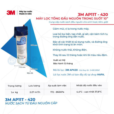 Máy Lọc Nước Đầu Nguồn 3M AP11T-420 Sinh Hoạt Gia Đình Căn Hộ Chung Cư Nhà Phố - Hàng Chính Hãng 3M Mỹ