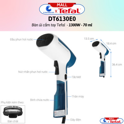 Bàn ủi cầm tay Tefal DT6130E0 1300W - Hàng Chính Hãng - Bình nước  70 ml, Mặt đế  Nhựa, Chức năng  Ủi hơi nước