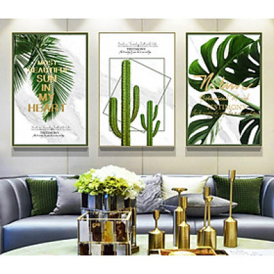 Tranh treo tường- Tranh tráng gương Lá cây Nhiệt Đới- Bộ 3 tấm