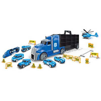 TOYSTAR - 666-02H Mô hình Bộ xe tải vận chuyển gồm 6 ô tô, 1 máy bay, 12 biển báo giao thông