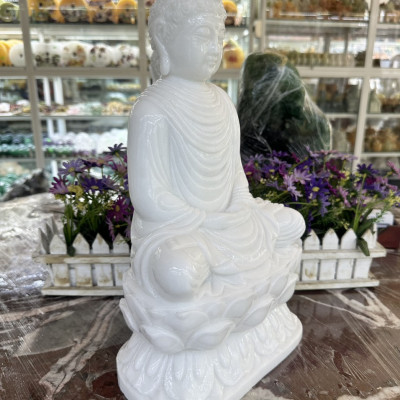 Tượng Phật Thích Ca ngồi đài sen đá cẩm thạch trắng - Cao 40 cm