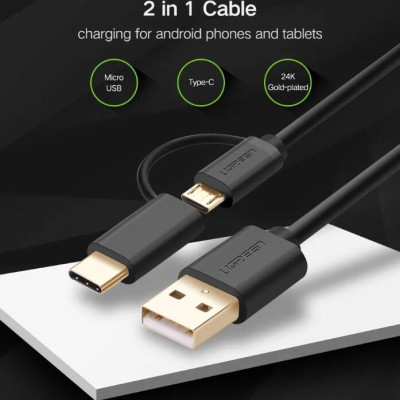 Ugreen UG30174US142TK 1M màu đen Dây USB 2.0 sang Type-C và micro - HÀNG CHÍNH HÃNG