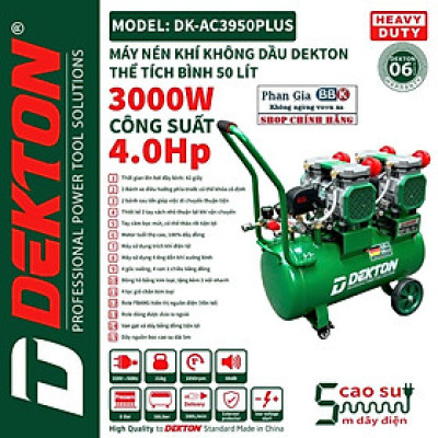 Máy nén khí không dầu Dekton DK-AC3950PLUS - Công suất 3000W/4.0Hp - Bình 50 lít - Lên hơi nhanh