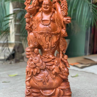 TƯỢNG PHẬT DI LẶC NGŨ PHÚC BẰNG GỖ HƯƠNG ĐÁ KT 60×25×15CM