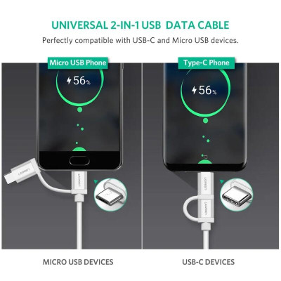 Ugreen UG20872US177TK 1M màu Bạc Cáp USB-A sang Micro USB + USB-C cao cấp - HÀNG CHÍNH HÃNG